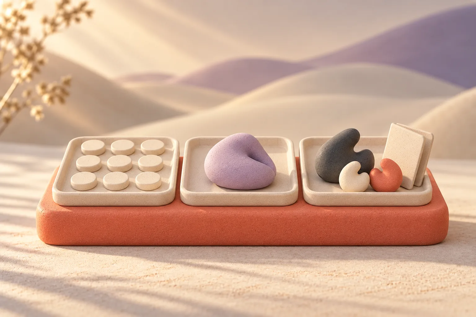Abstract illustration of a coral clay shelf holding three trays: one with a grid of identical cream discs, one with a single lavender form and one with a charcoal emblem shape beside smaller cream and coral copies and two cream cards.