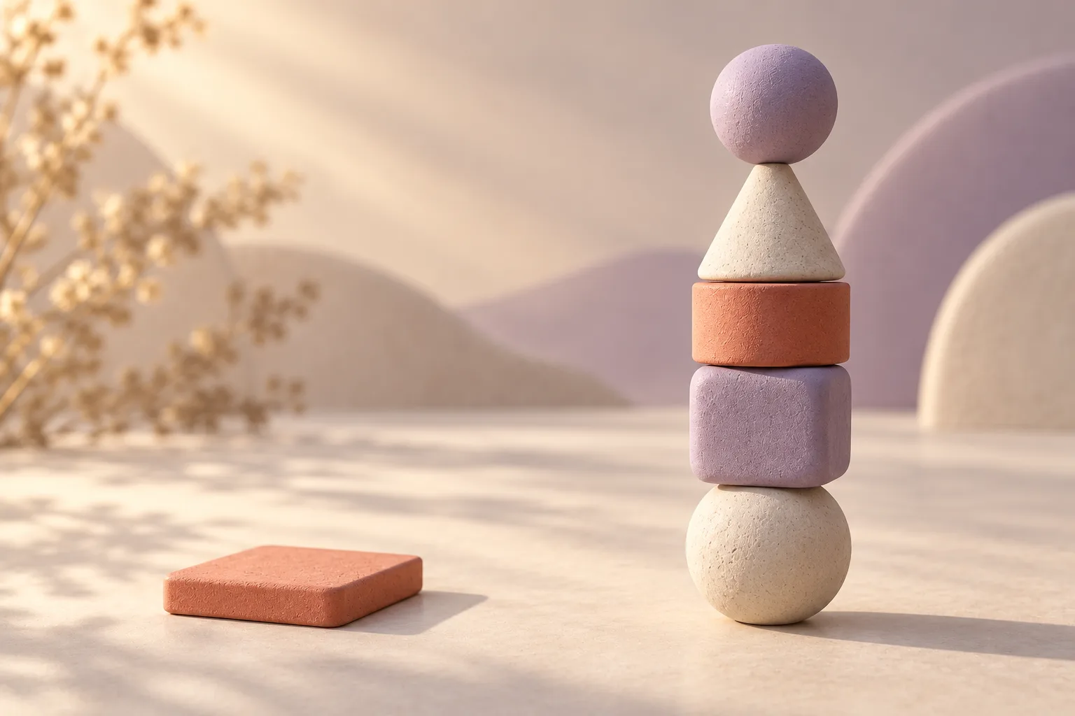 Abstract illustration of a single coral tile lying apart from a balanced stack of cream, purple and coral shapes.