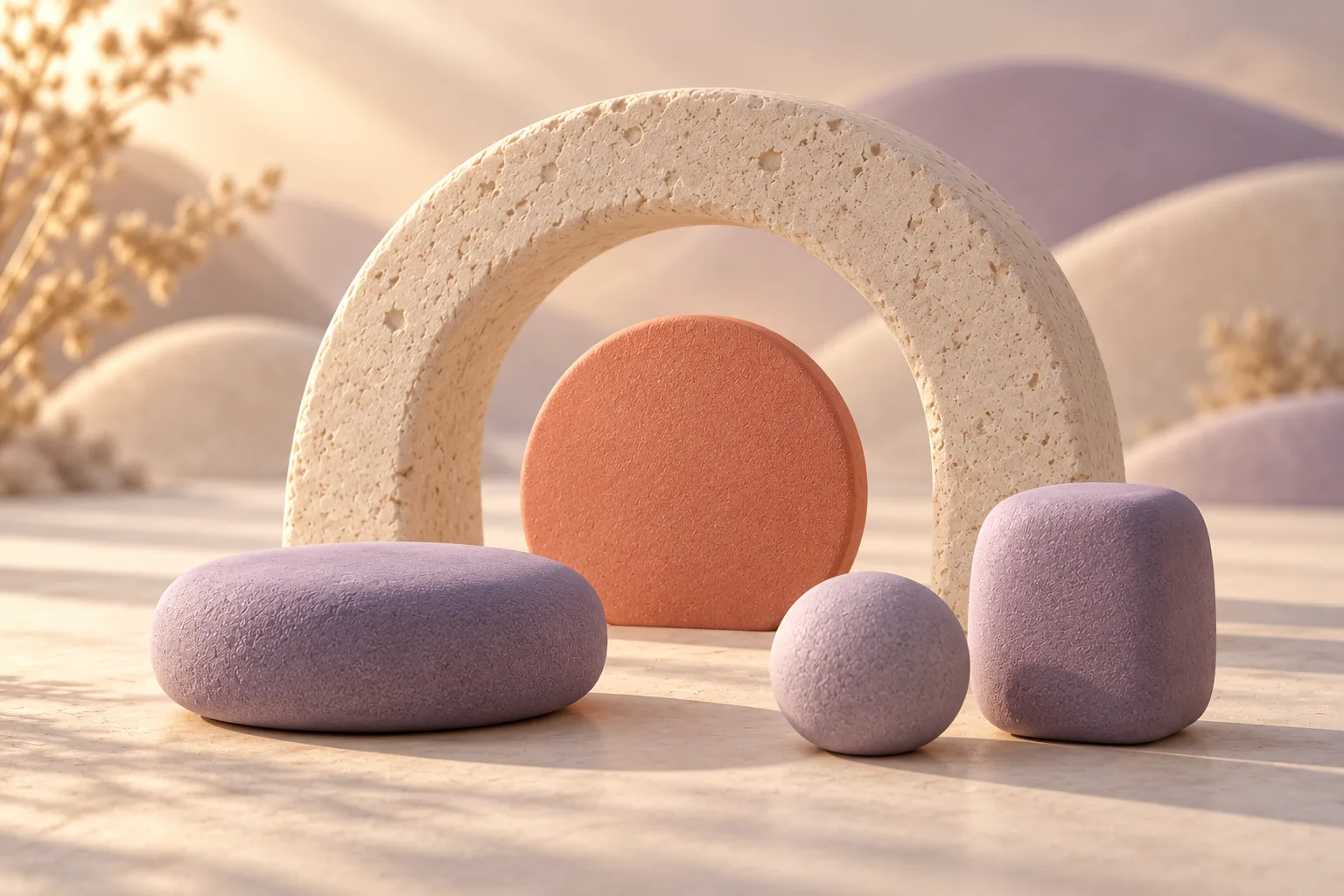Abstract illustration of a cream stone arch framing a coral disc like a setting sun, with soft purple forms in front.