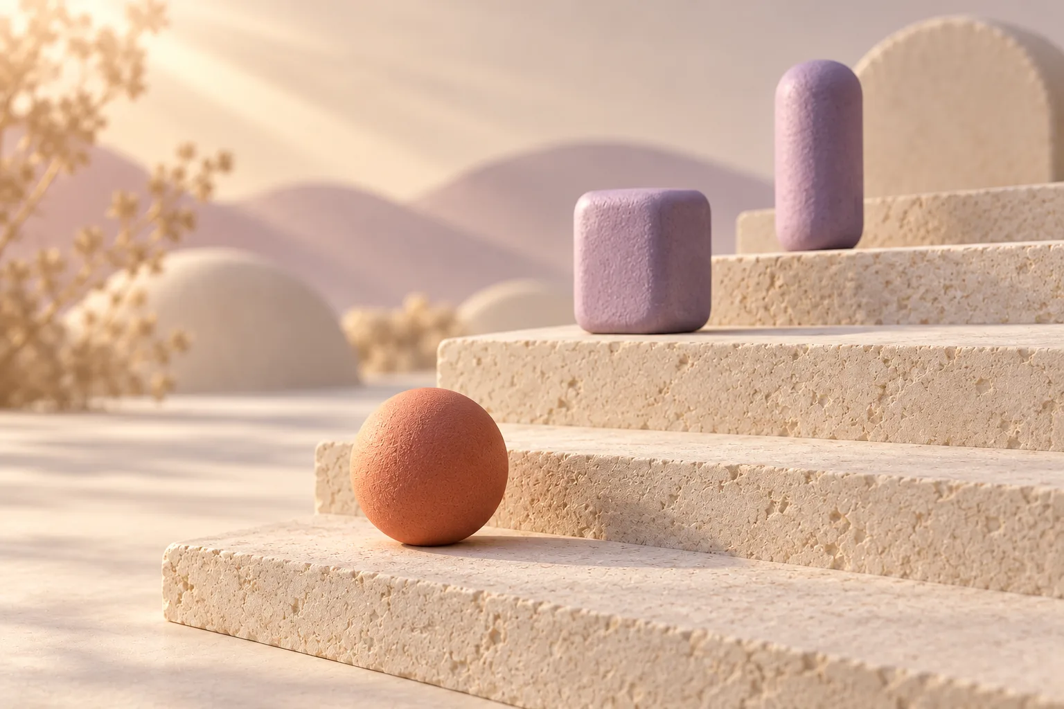 Abstract illustration of a coral sphere at the foot of wide cream stone steps, with purple blocks further up.