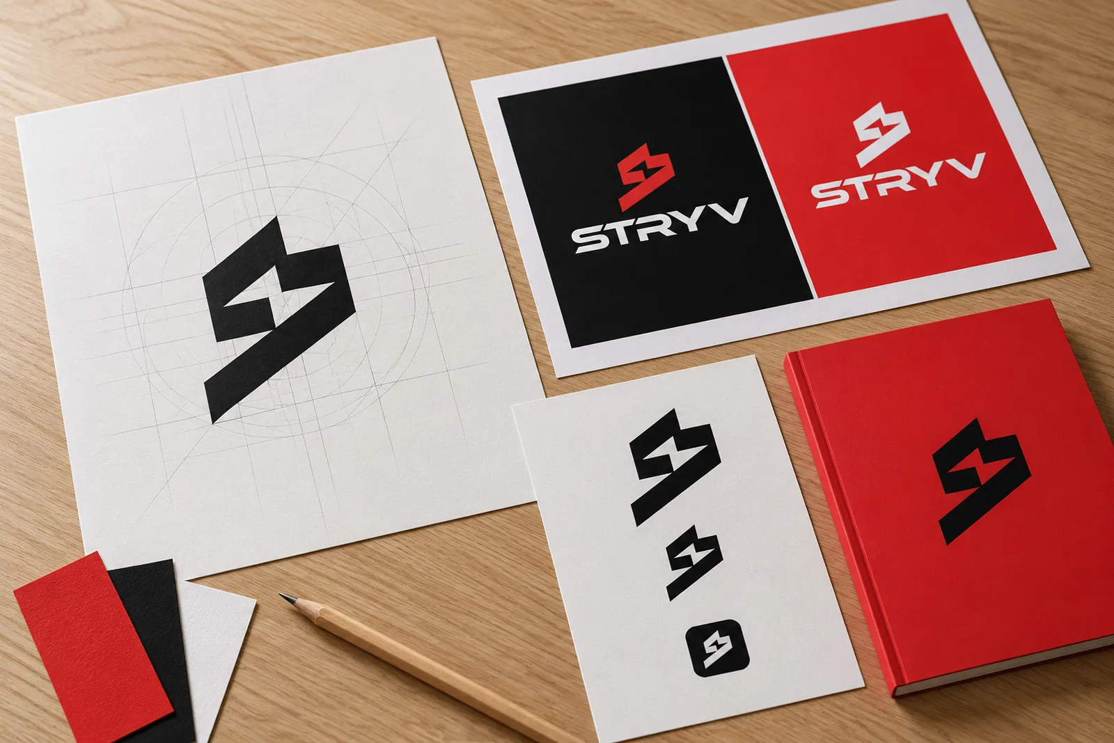 A Stryv handover: the symbol on its construction grid, the lockup on black and red, the symbol at three sizes down to an app icon, and the guidelines book. Original artwork with its versions and rules is what makes a mark easier to protect and use.
