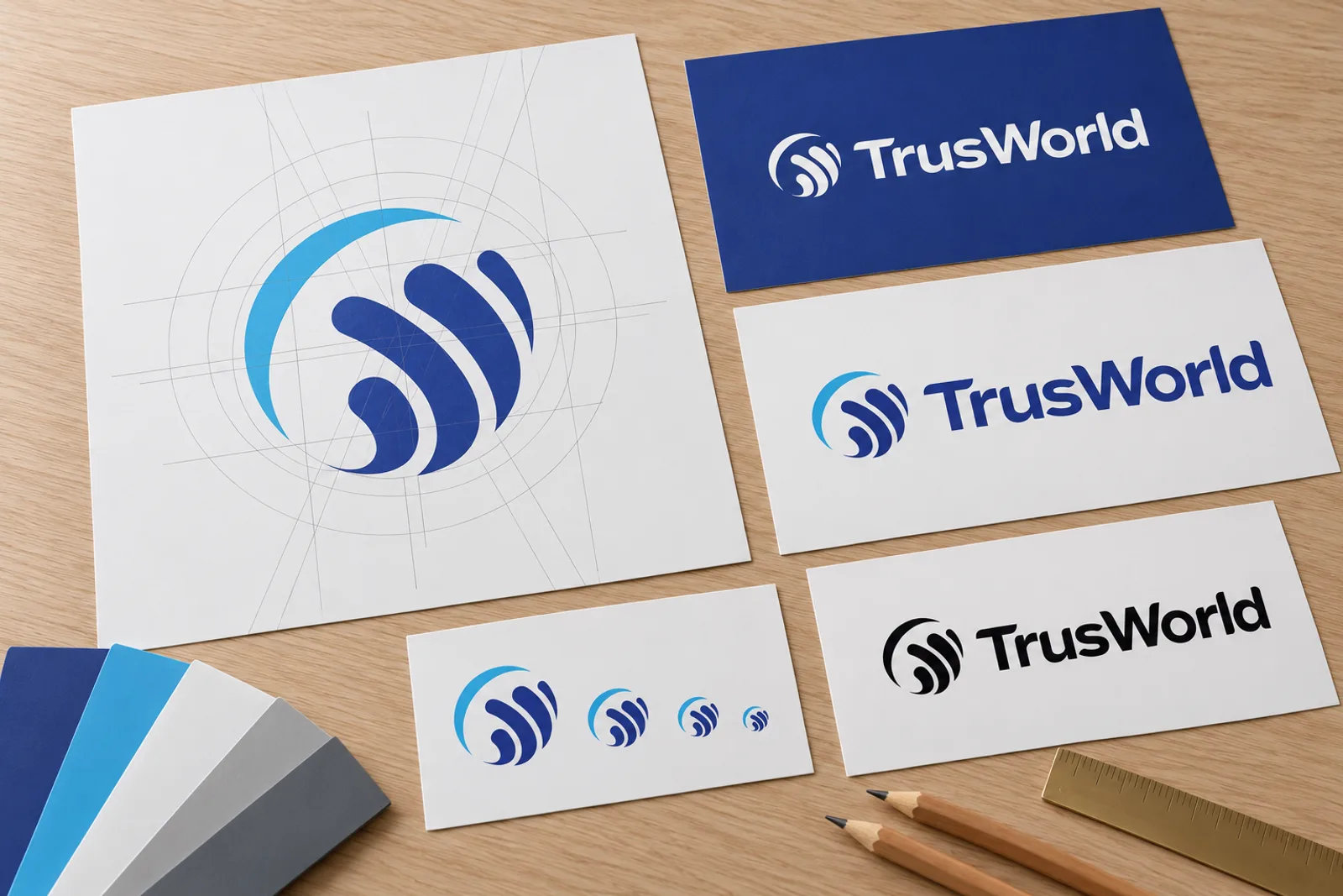 Construction grid, colour and one-colour versions and small-size tests for the TrusWorld logo: the parts of a logo fee that are easy to miss.
