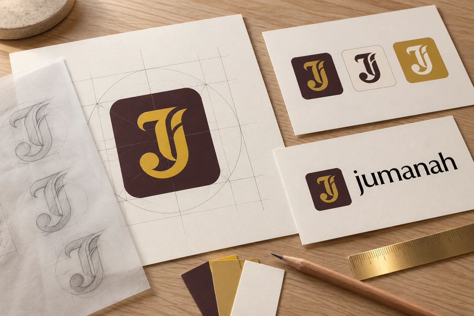 Jumanah Foods monogram studies: pencil sketches on tracing paper, the mark on its construction grid, three colourways and the wordmark lockup. The working material worth asking any agency to show.