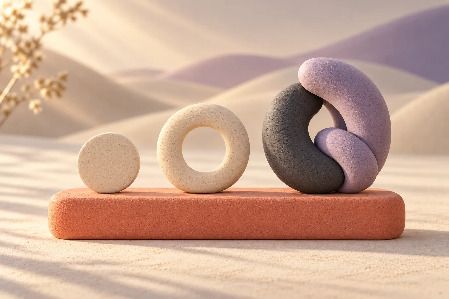 Abstract illustration of three clay shapes rising in size on a coral plinth: a cream disc, a cream ring and a charcoal and lavender interlocking form.