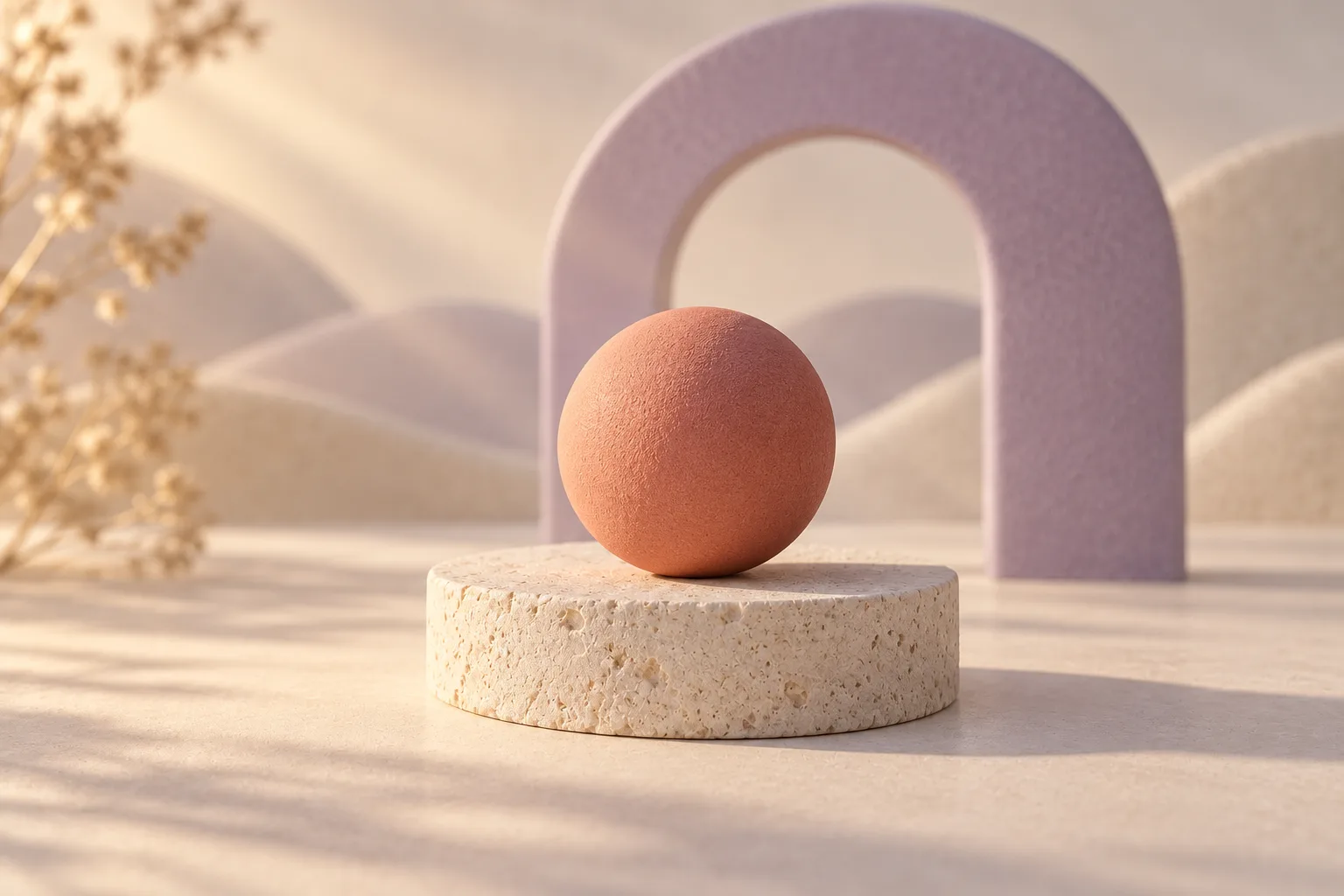 Abstract illustration of a coral sphere on a round cream stone pedestal in front of a purple arch.
