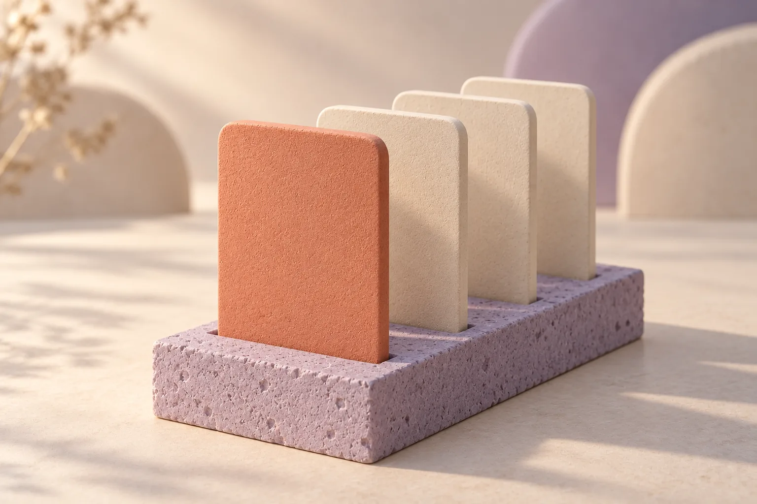 Abstract illustration of upright cream panels lined up like slides in a purple stone stand, with a coral panel at the front.