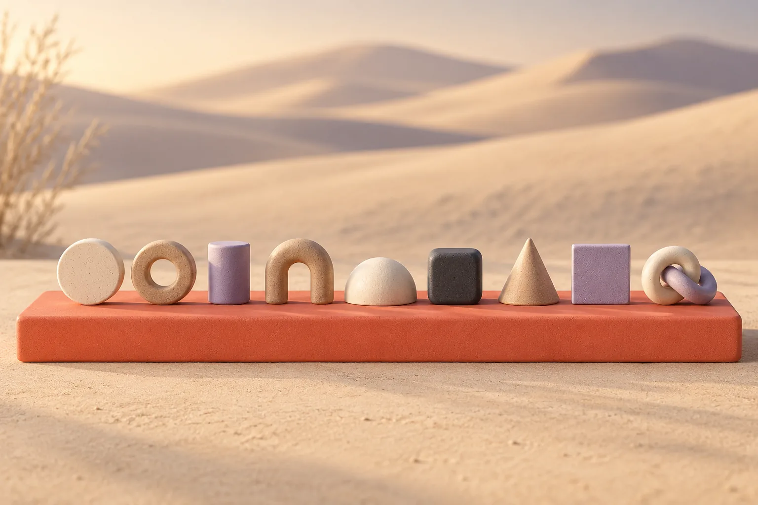 Abstract illustration of nine small clay shapes of different forms standing in an even row on a long coral plinth against cream dunes.