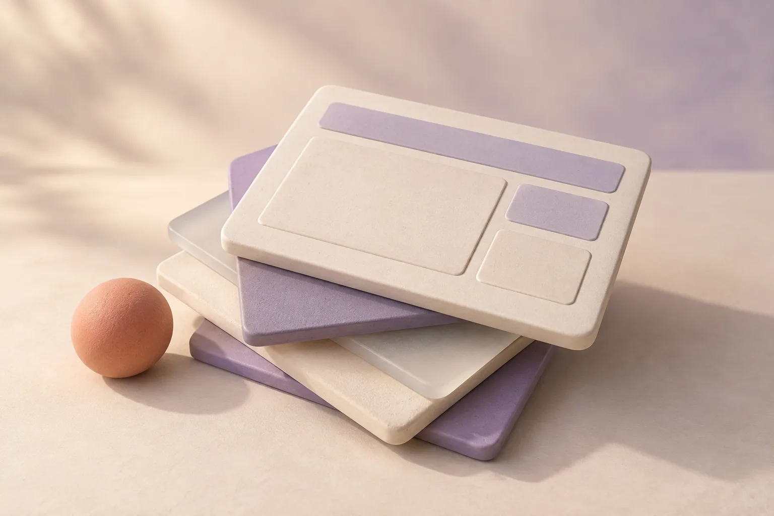Abstract illustration of stacked cream and purple panels arranged like page layouts beside a coral sphere.