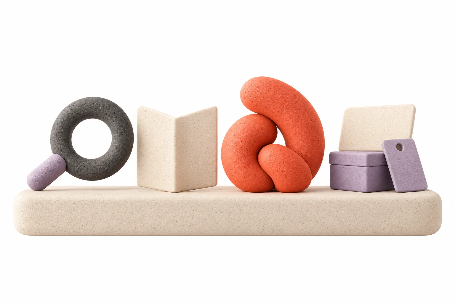 Abstract illustration of four clay objects on a pale plinth: a magnifying ring, a folded card, a coral knot and a lavender box with a tag.