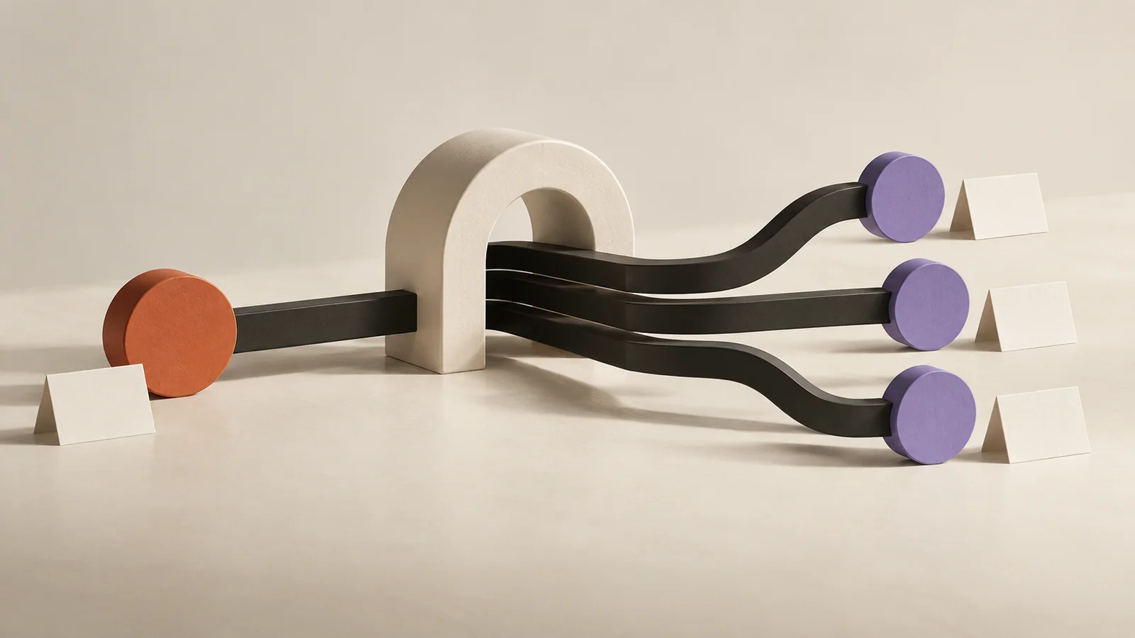 A sculptural workflow routing one input to three coordinated follow-up paths.