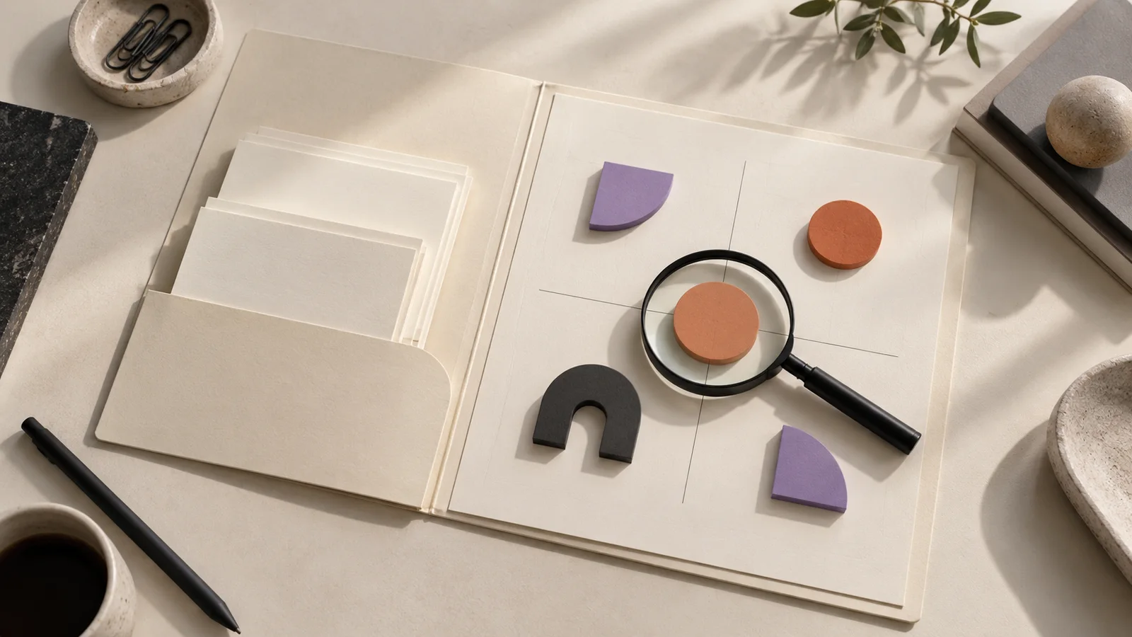 A business evidence folder with a magnifying loupe and a map of priorities.
