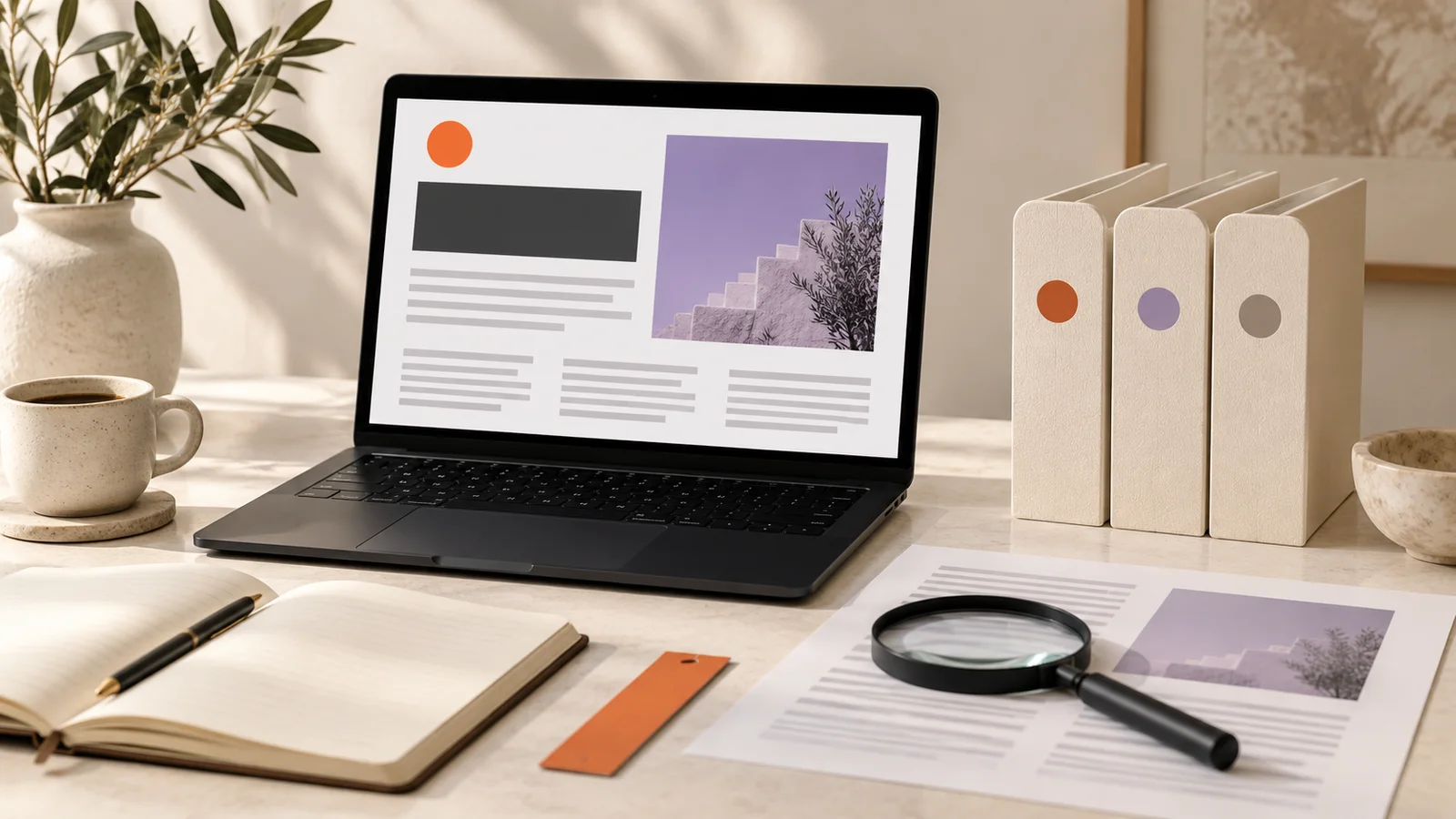 An editorial website, indexed content and a magnifying loupe on a studio desk.