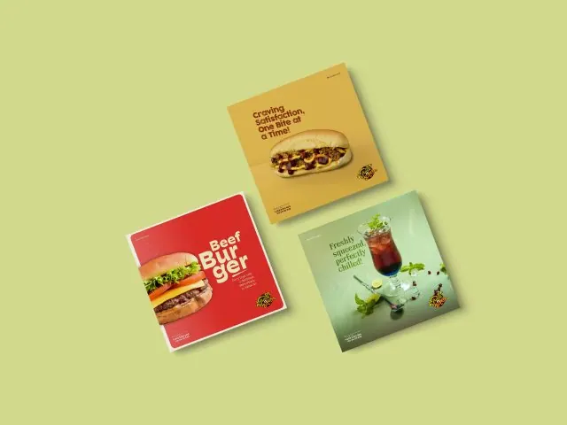 Food and drink ads: a burger, a long sandwich and an iced drink.
