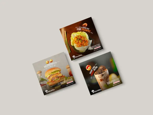 Social ads for a burger, a wrap and a plated meal on dark backgrounds.