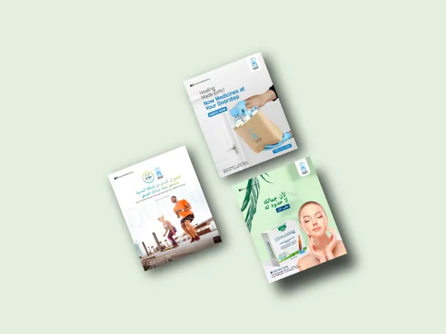 Promotional layouts that pair paper bags and product packs with portrait photography.
