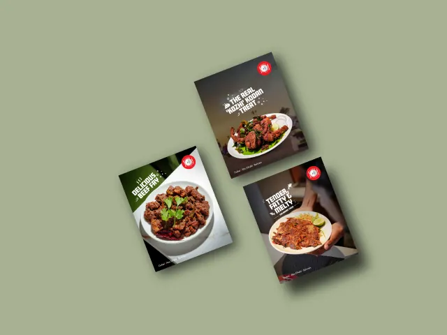 Restaurant ads with bowls and grilled plates on muted green.
