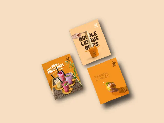 Café ads: sandwiches, colourful drinks and a burger in orange and yellow.