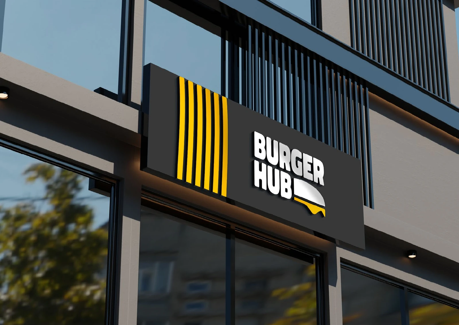 Burger Hub: storefront signage from the identity presentation.