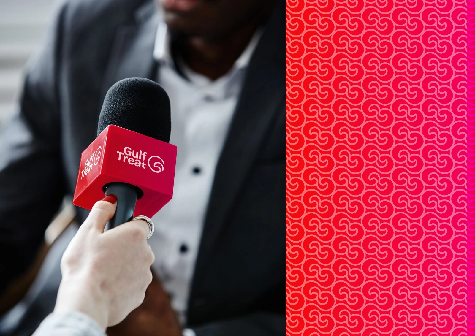Gulf Treat: a branded interview microphone beside a repeat-pattern panel.