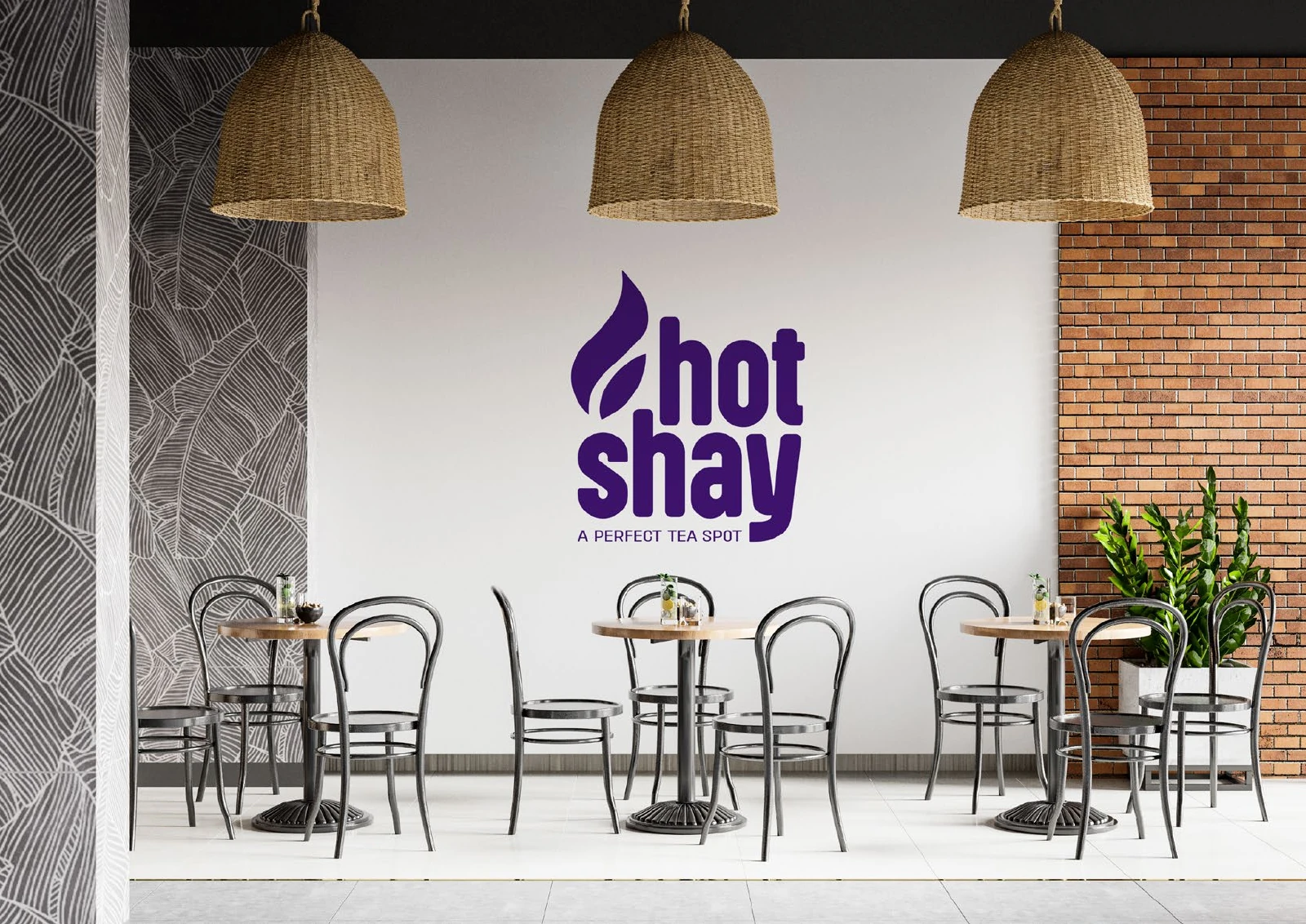 Hotshay: a large purple wordmark used as a wall graphic above café tables.