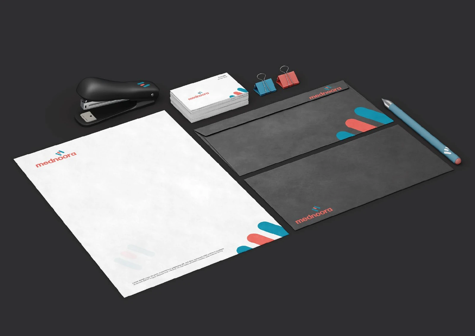 Mednoora: letterhead, envelope and business cards for a healthcare brand.