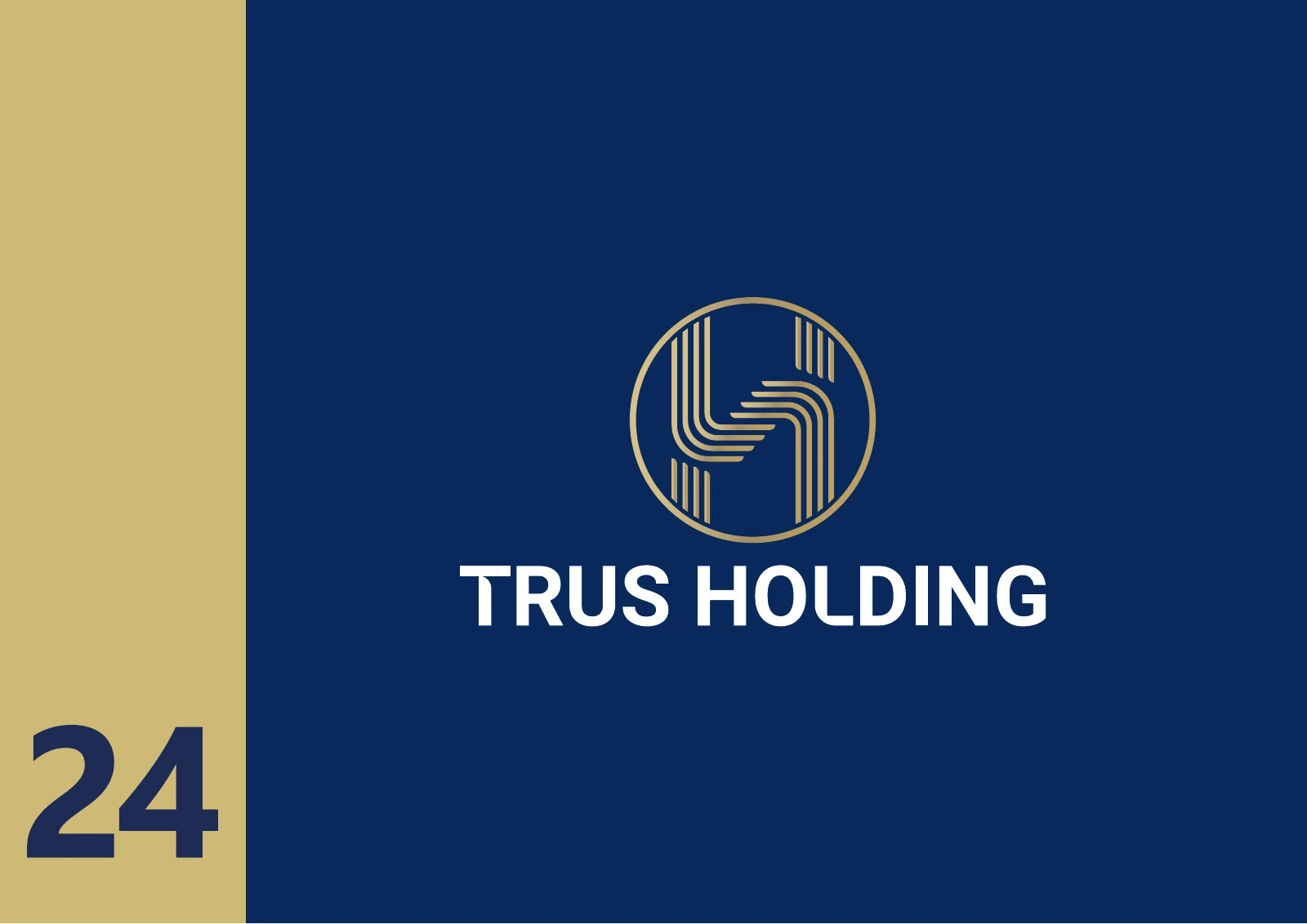 Trus Holding: a fine gold line emblem on deep navy, an example of a precious palette used with restraint.