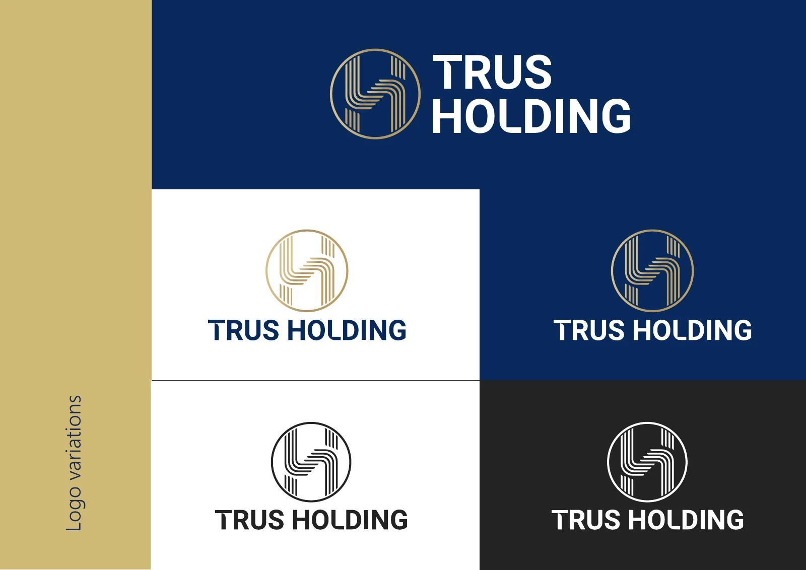 Trus Holding: the emblem and name checked in gold, navy, white and black versions.