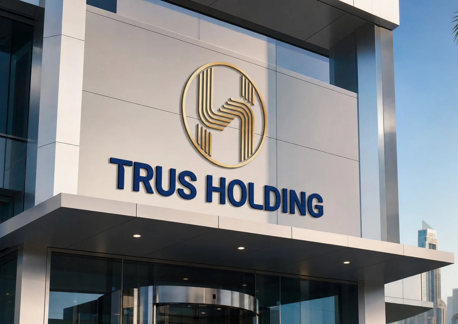 Trus Holding: a holding-company identity applied to a building frontage.
