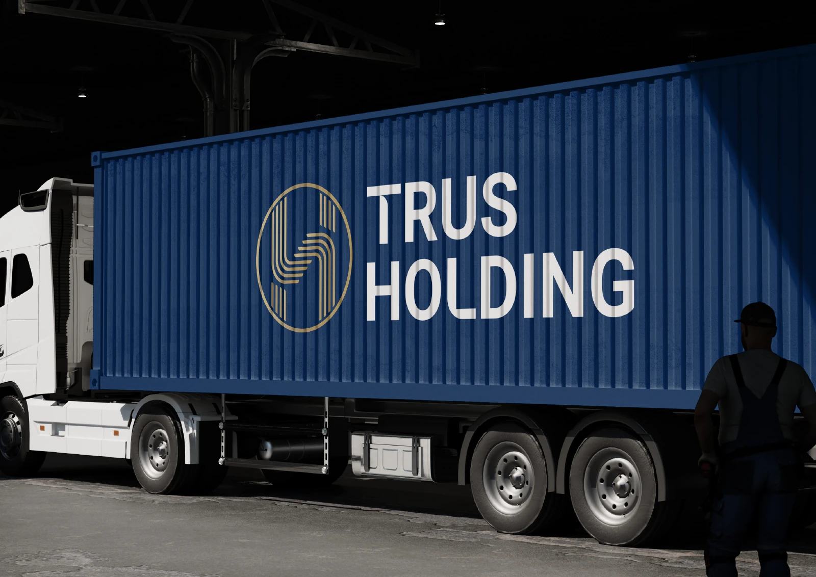 Trus Holding: a holding-company identity carried across a container truck.