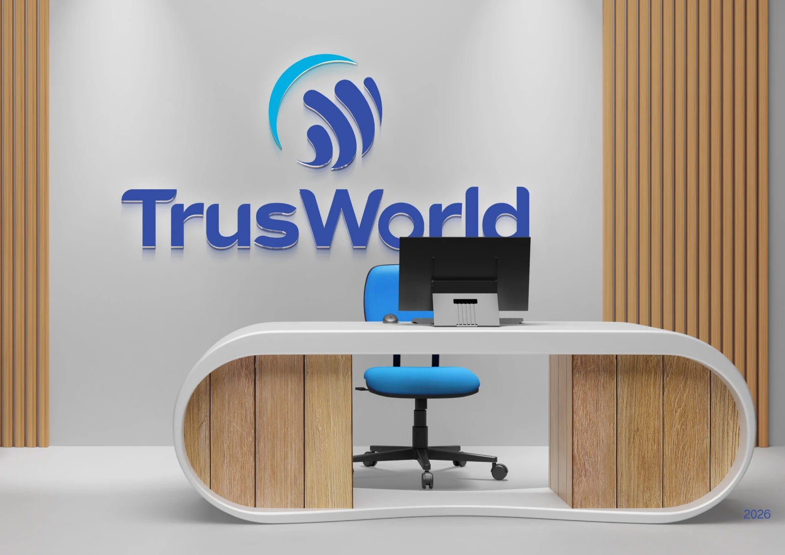 Trusworld: the blue emblem and name behind a reception desk.