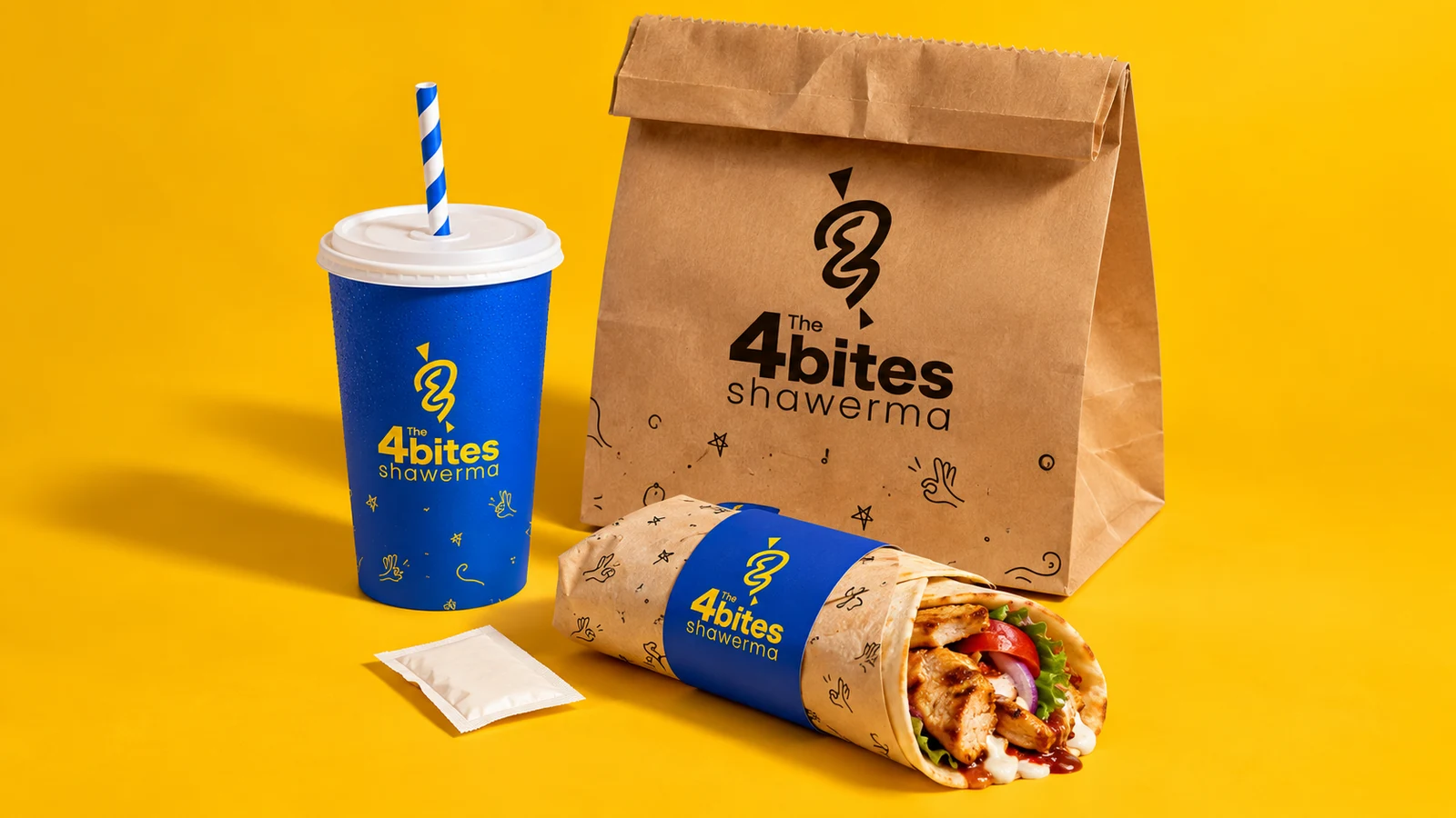 4 Bites Shawerma: brand application presentation, AI-generated illustrative cover