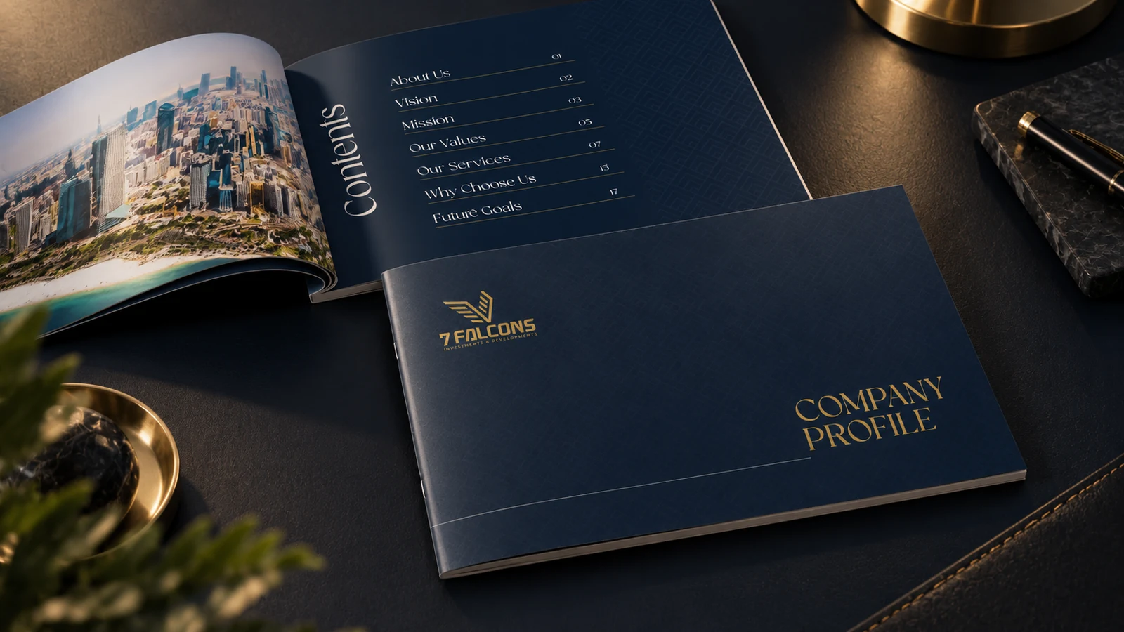 7 Falcons: navy company-profile booklet with gold branding and an open city-spread layout, presentation cover