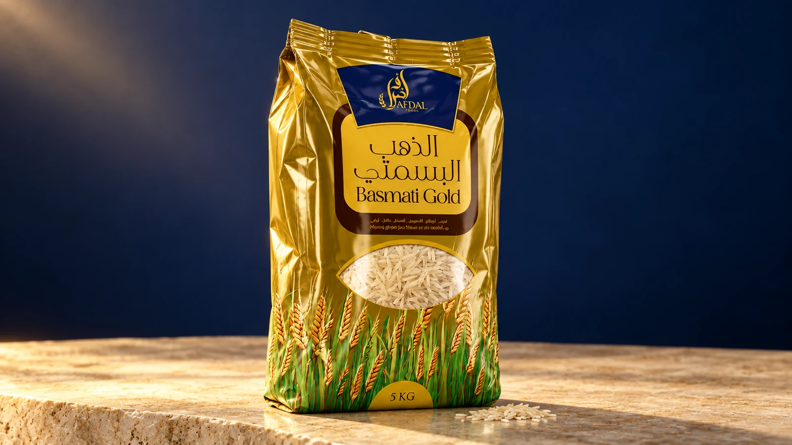 Afdal Foods: gold-and-green Basmati rice bag with English and Arabic packaging, presentation cover