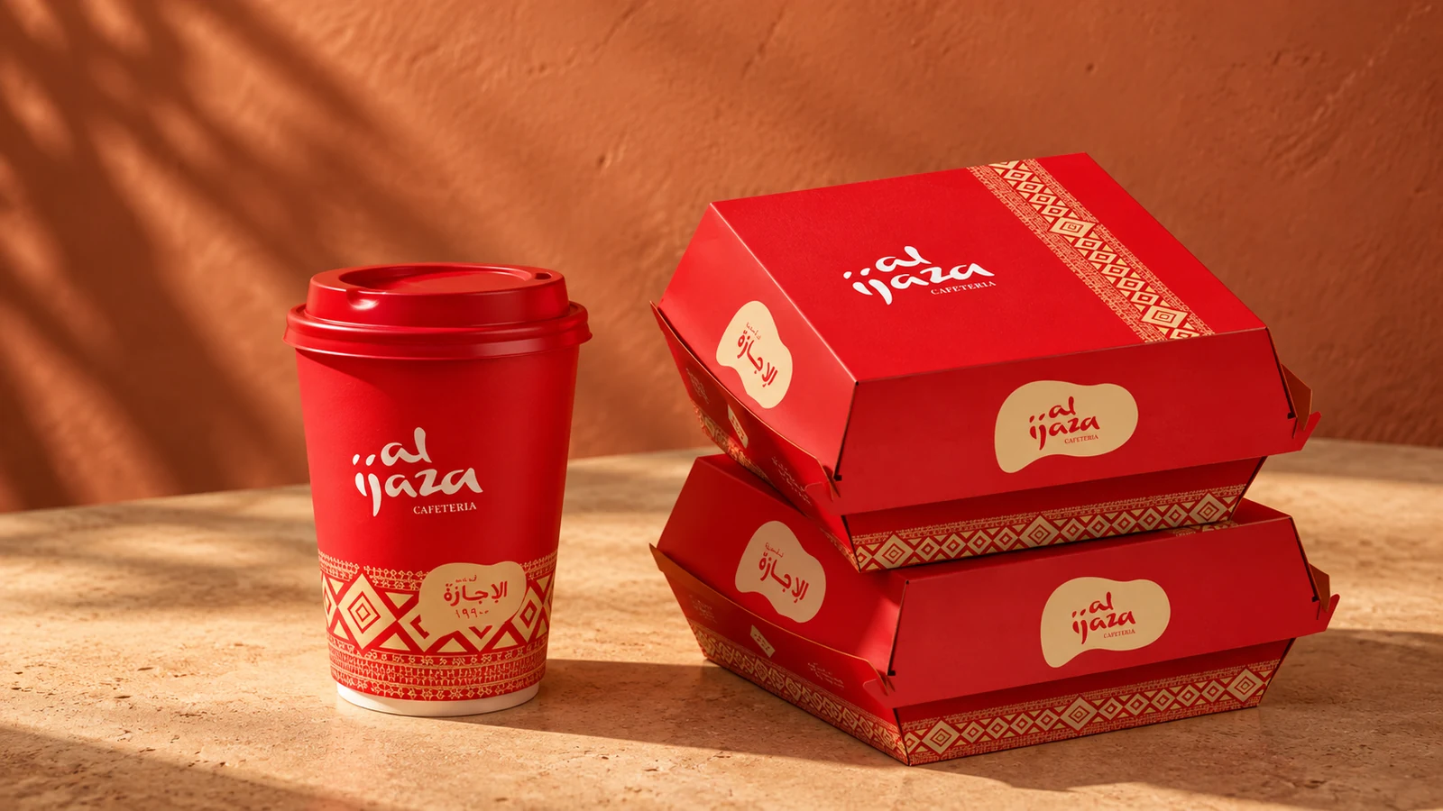 Al Ijaza Cafeteria: red branded takeaway cup and stacked food boxes, presentation cover