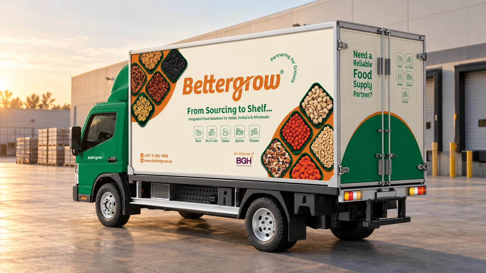 Bettergrow: green delivery truck with food imagery and the Bettergrow wordmark, presentation cover
