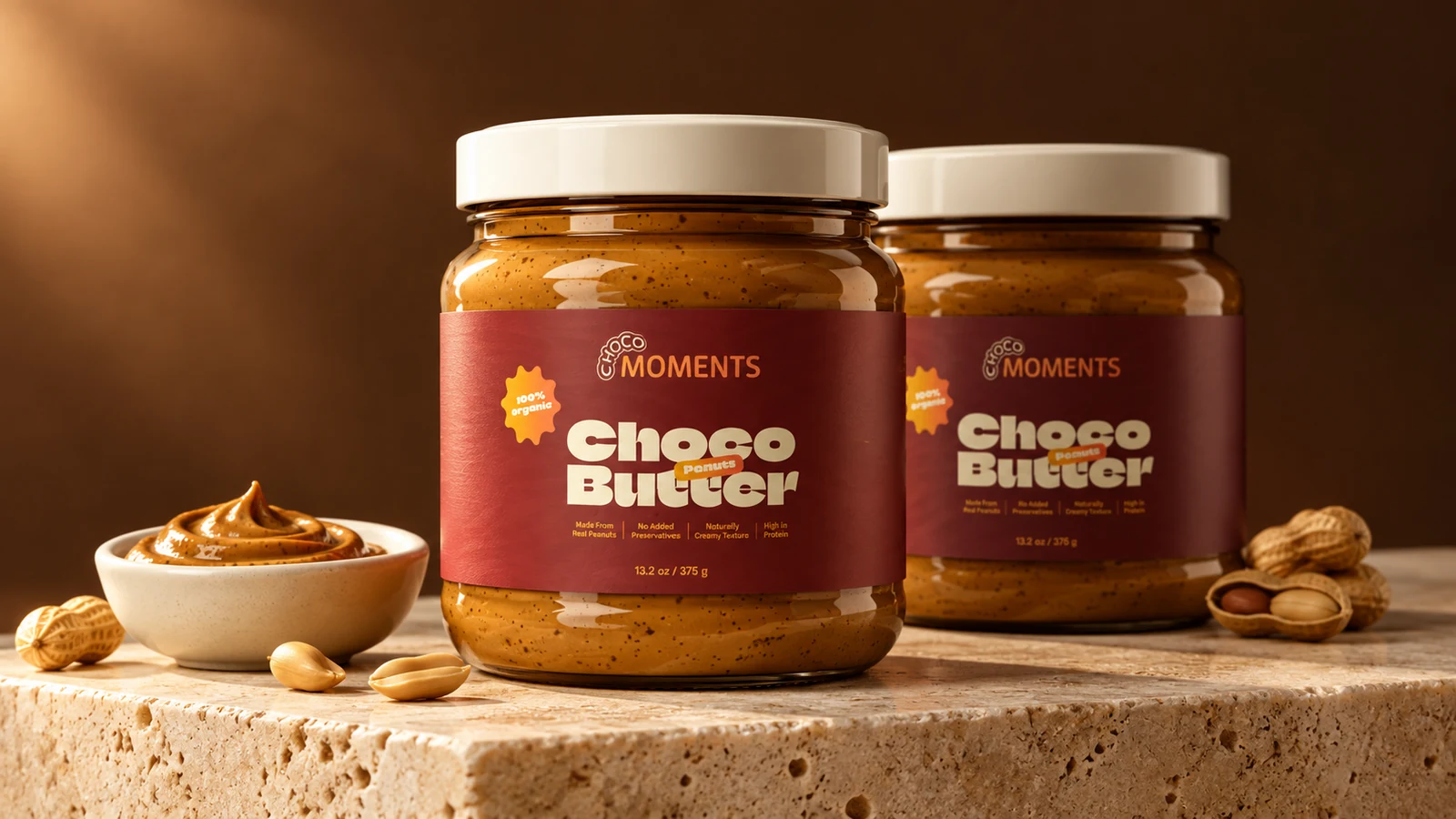 Choco Moments: two peanut-butter jars with brown labels and white lids, presentation cover