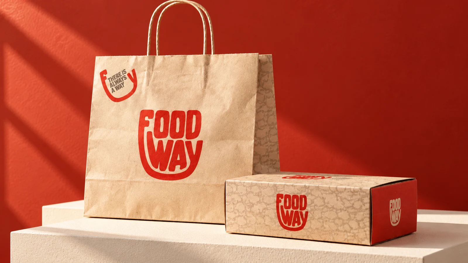 Food Way: kraft takeaway bag and food box with the red Food Way wordmark, presentation cover