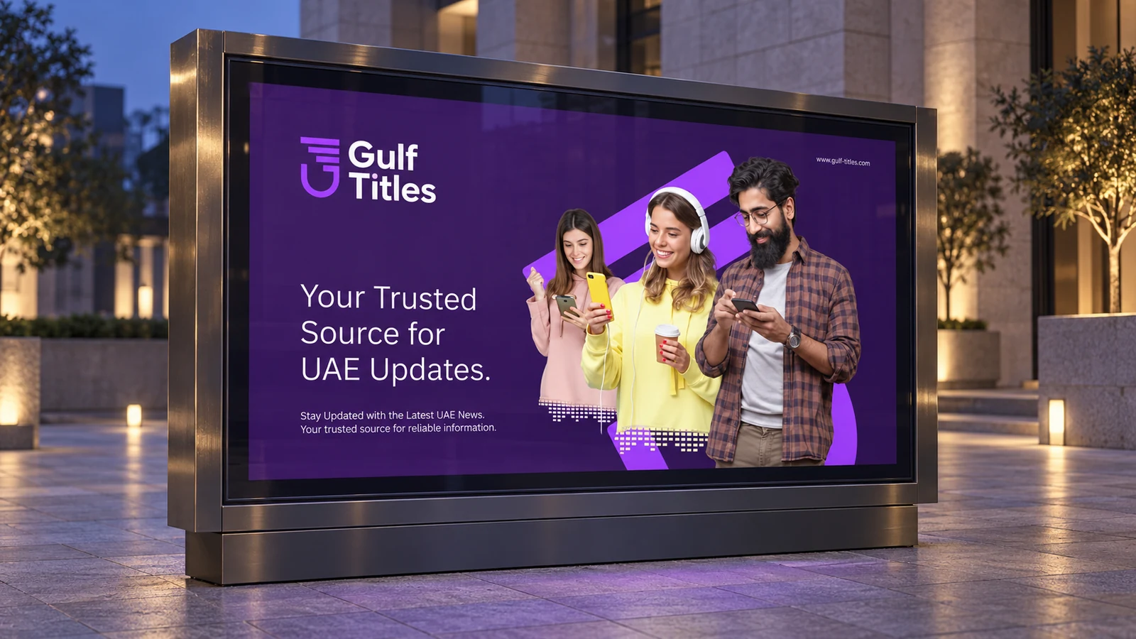 Gulf Titles: purple news campaign on an illuminated outdoor advertising display, presentation cover