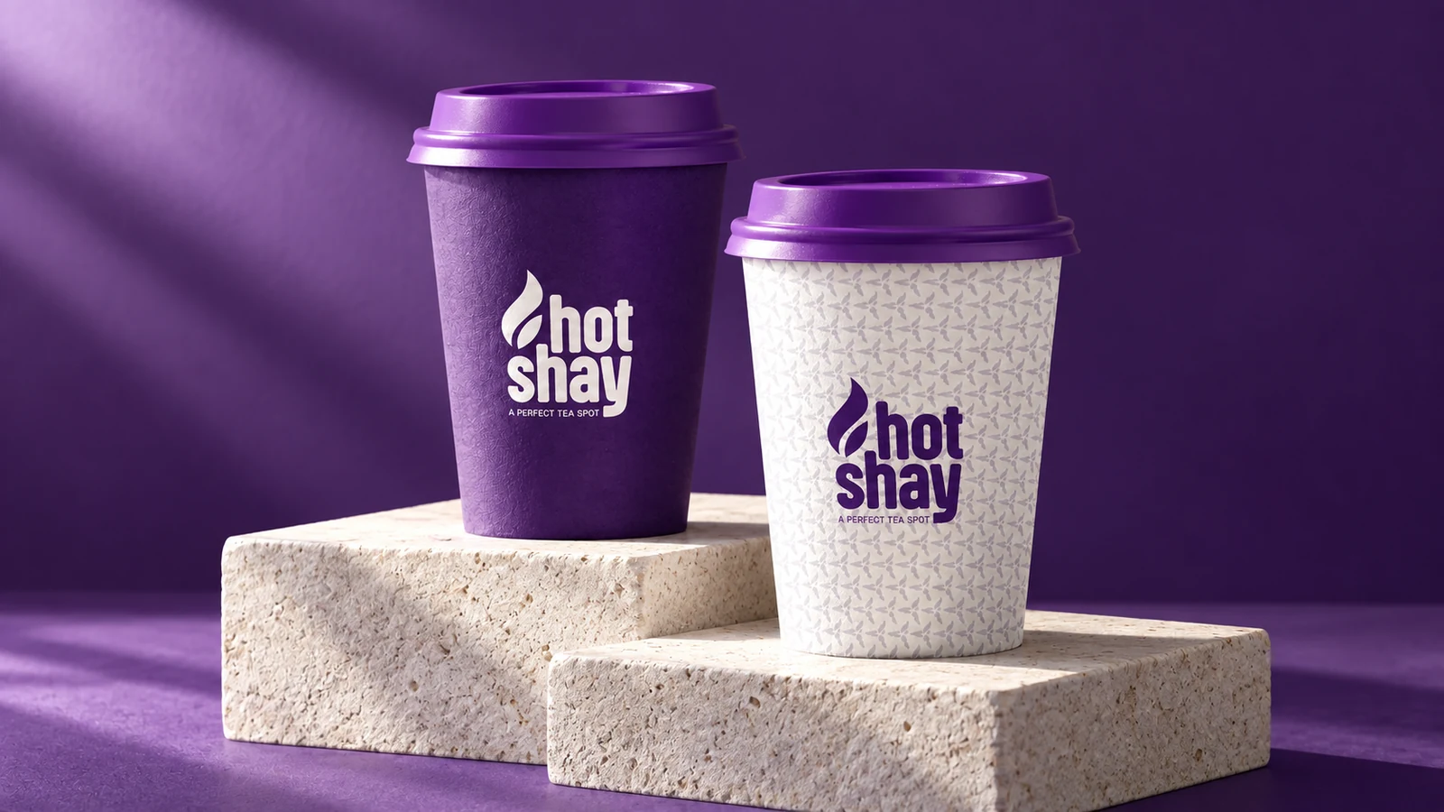 Hotshay: purple and white takeaway cups with the Hotshay wordmark, presentation cover