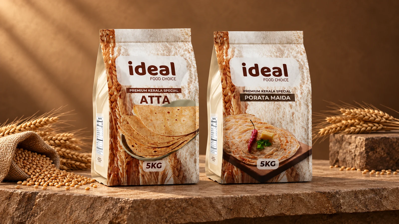 Ideal: two flour bags with wheat imagery and the Ideal wordmark, presentation cover