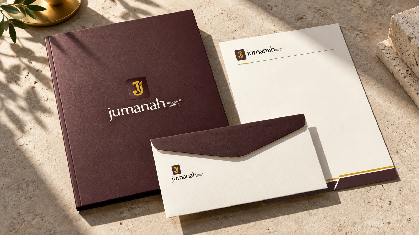 Jumanah Foods: burgundy branded shopping bag, envelope and letterhead, presentation cover