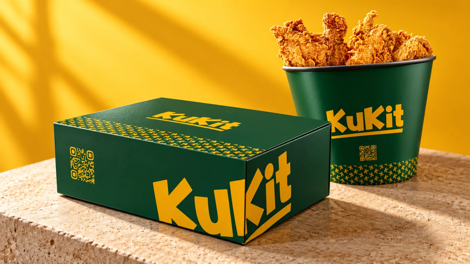 Kukit Packaging: green-and-yellow takeaway box and fried-chicken tub, presentation cover