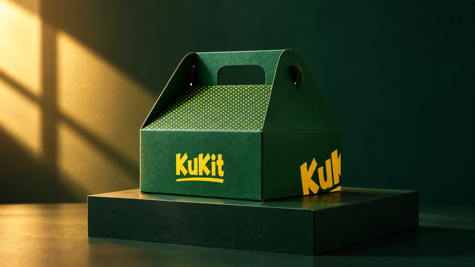 Kukit: green handled takeaway box with a yellow Kukit wordmark, presentation cover