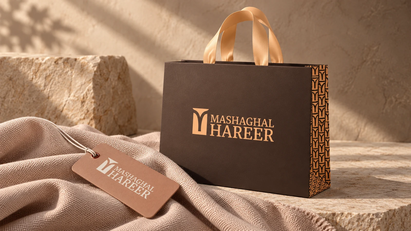 Mashaghal Hareer: brand application presentation, AI-generated illustrative cover