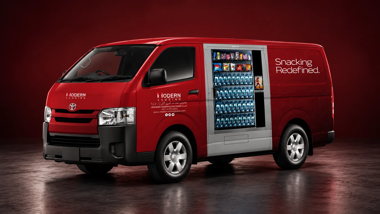 Modern Vending: red branded van with a vending-machine product display on its side, presentation cover