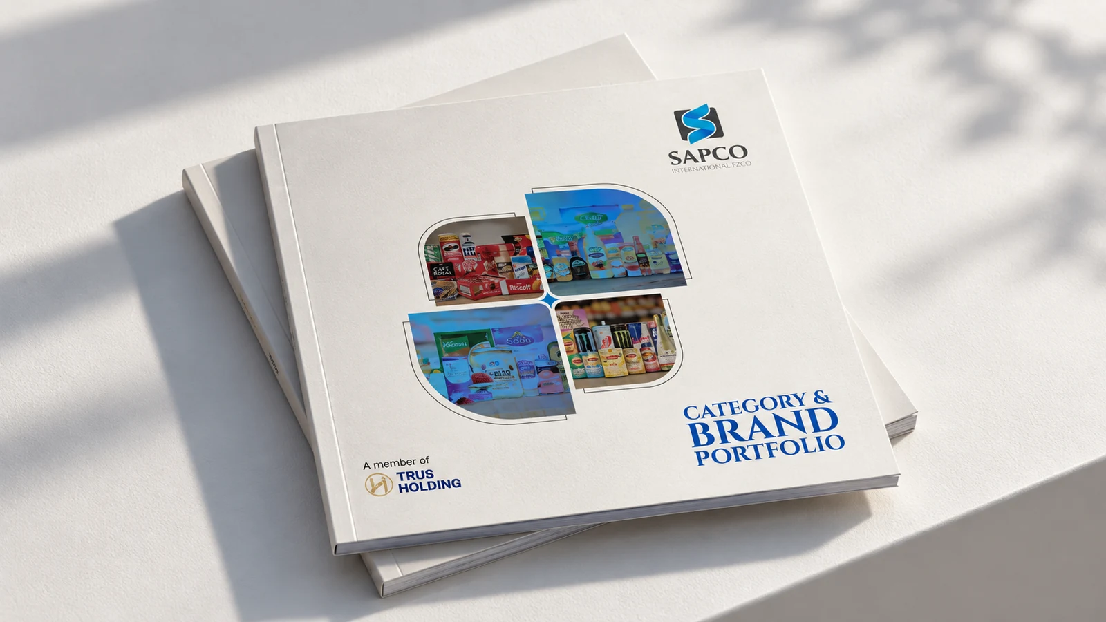 SAPCO: white brand-portfolio booklets with a blue emblem and project illustrations, presentation cover