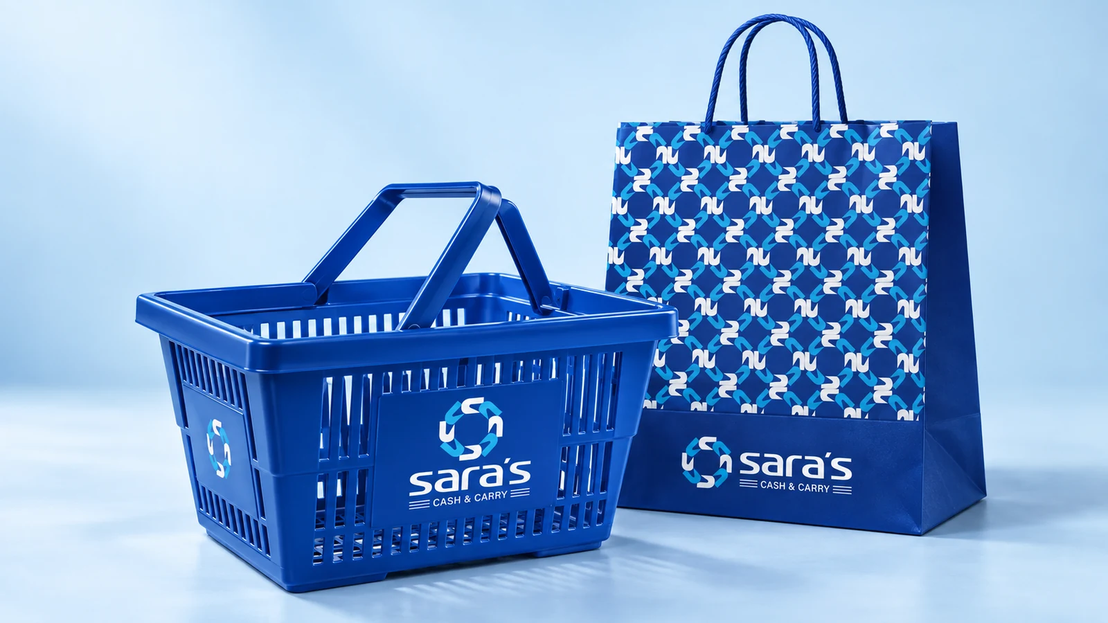 Sara’s Cash & Carry: brand application presentation, AI-generated illustrative cover