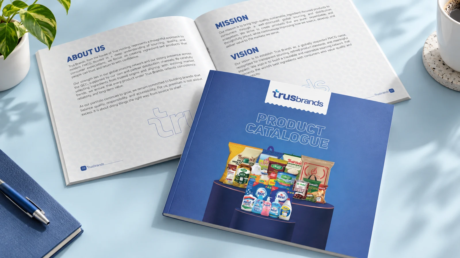 Trusbrands: blue product catalogue beside open company-profile pages, presentation cover