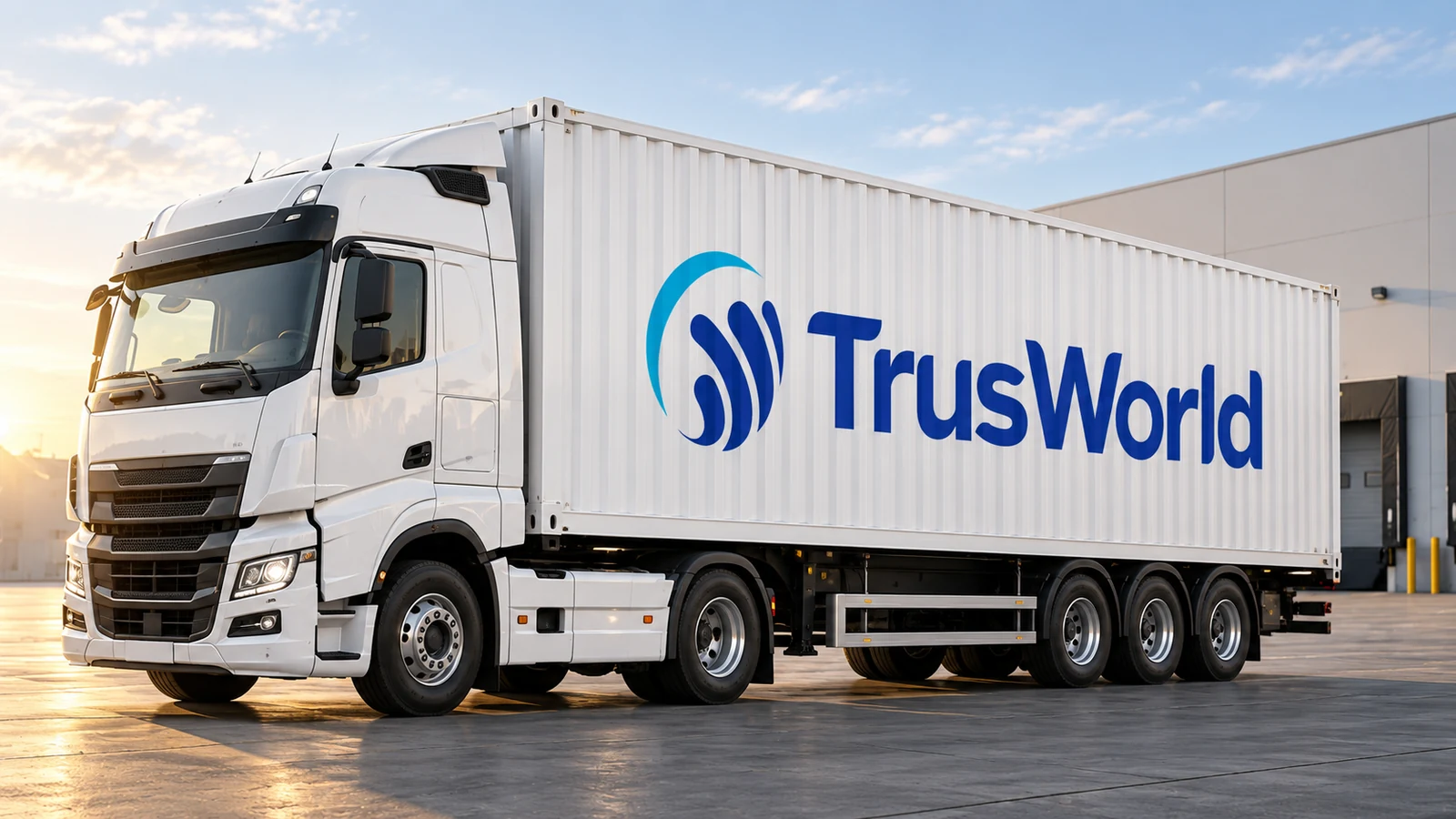 Trusworld: blue wordmark on the side of a white freight truck, presentation cover