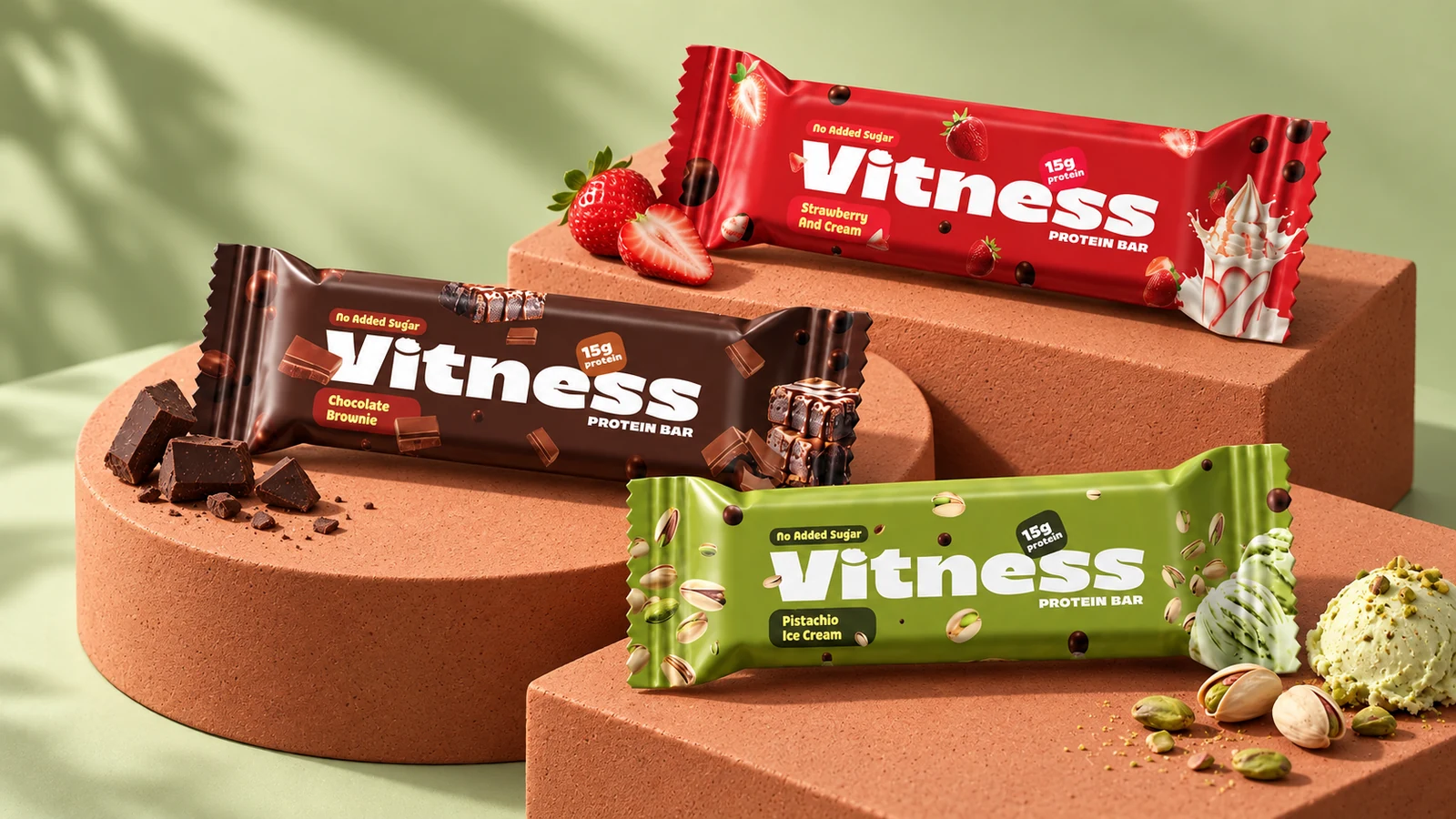 Vitness: three colourful snack-bar wrappers arranged on terracotta display plinths, presentation cover